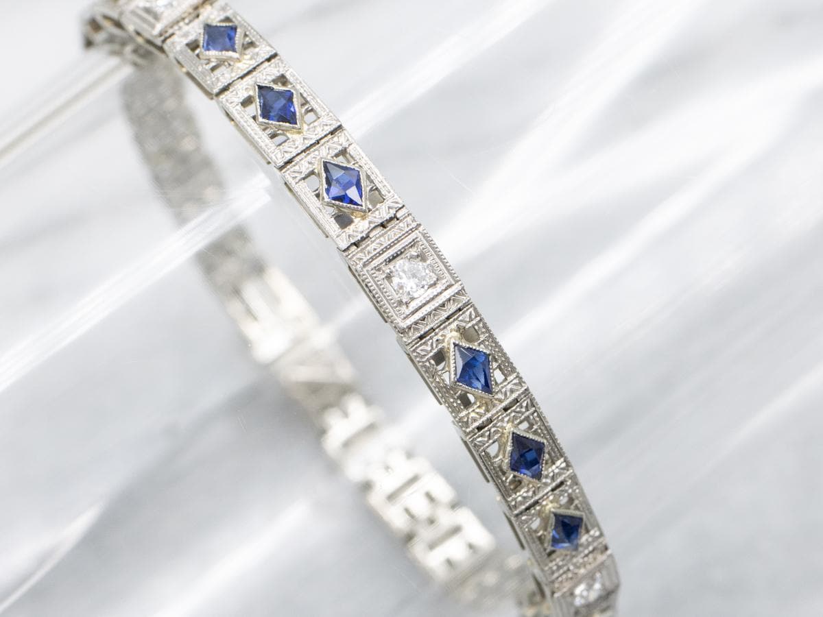 Art Deco Sapphire Diamond Platinum Bracelet, Antique Filigree