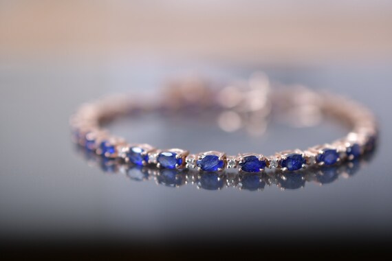 Blue Sapphire Sterling Silver Tennis Bracelet, Oval Faceted Gemstones