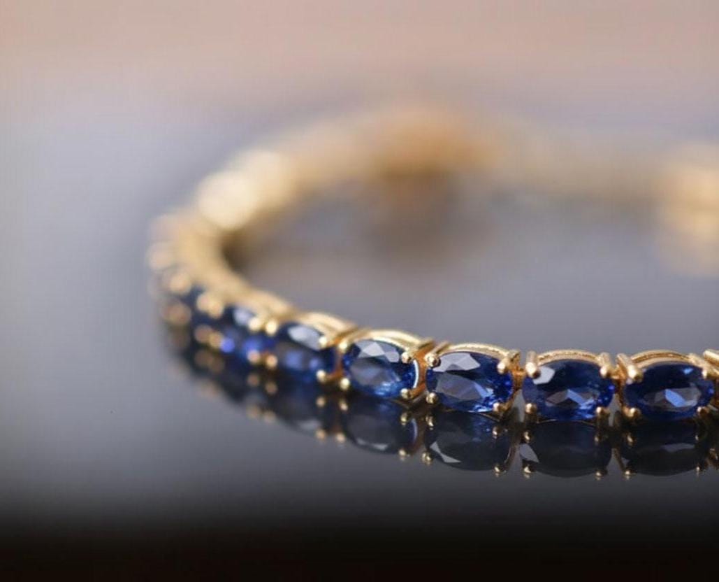 Blue Sapphire Tennis Bracelet: 925 Sterling Silver, 14k Gold Overlay