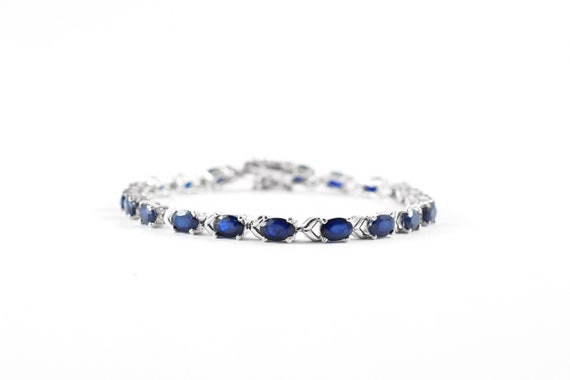 Blue Sapphire Tennis Bracelet, Oval Sterling Silver, 7.25 Inch