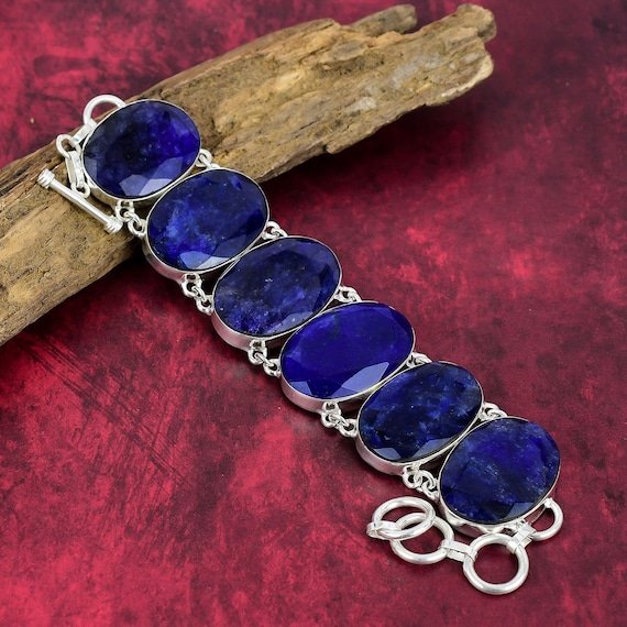 Burmese Blue Sapphire Bracelet, 925 Sterling Silver Bracelet, Adjustable Chain Bracelet, Gemstone Bracelet Handmade Jewelry Anniversary Gift
