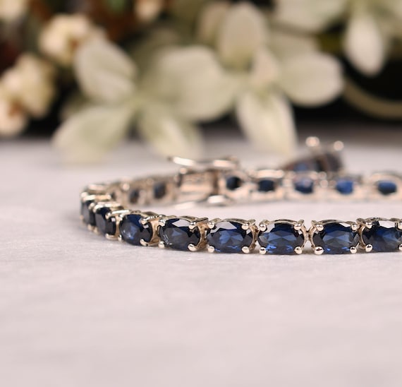 Dark Sapphire Bracelet In 14k Gold Plated: Blue Gemstone Tennis Bracelets, Birthstone Jewelry
