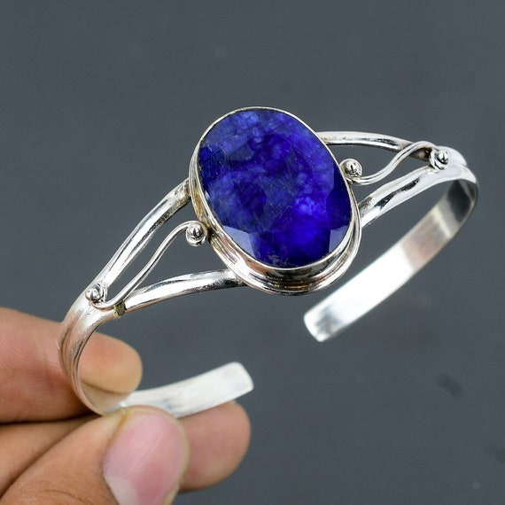 Faceted Blue Sapphire Cuff Bracelet: Handmade 925 Sterling Silver Bangle