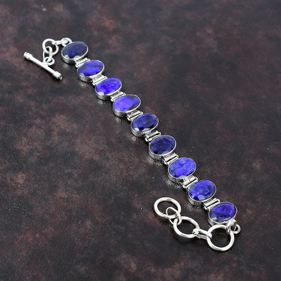 Faceted Blue Sapphire Bracelet: Handmade 925 Sterling Silver Adjustable Jewelry