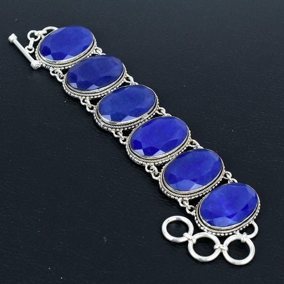 Faceted Blue Sapphire Bracelet: Handmade 925 Sterling Silver Vintage Gemstone