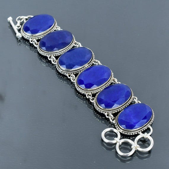 Faceted Blue Sapphire Bracelet: Handmade 925 Sterling Silver Adjustable Chain