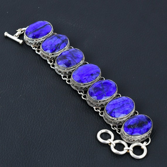 Handmade Faceted Blue Sapphire Bracelet: 925 Sterling Silver Adjustable Chain