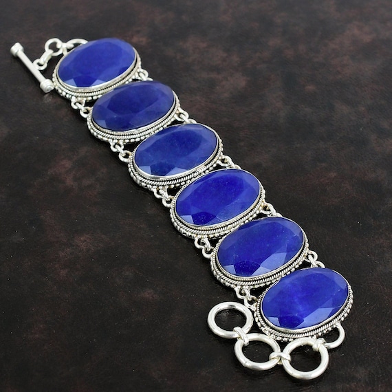 Handmade Faceted Blue Sapphire Bracelet: Vintage Sterling Silver Jewelry