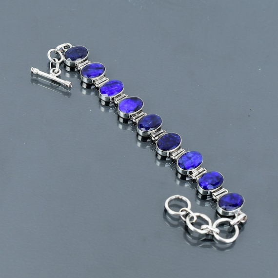 Handmade Faceted Blue Sapphire Bracelet: 925 Sterling Silver Adjustable Chain