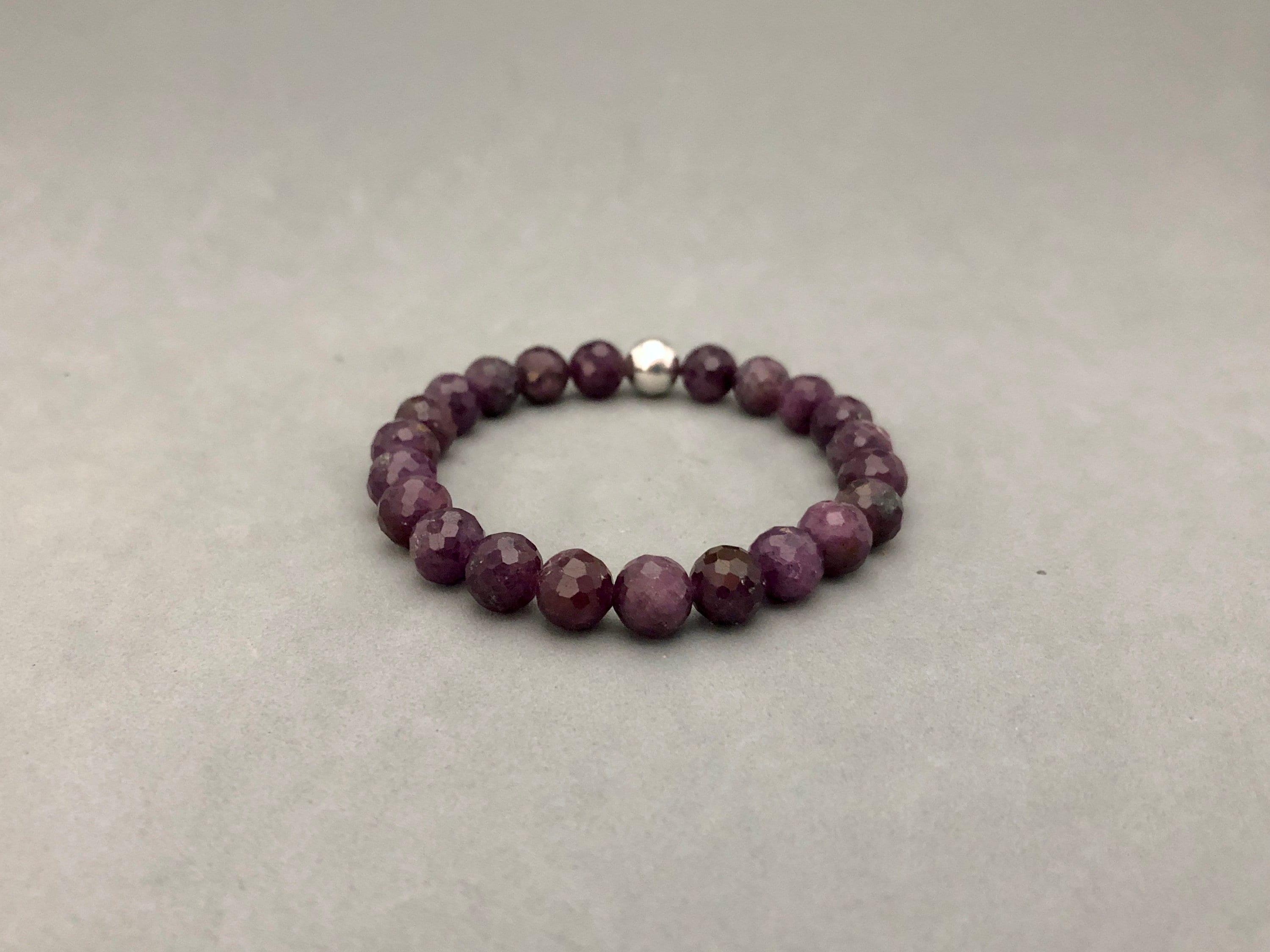 Microfaceted Purple Sapphire Stretch Bead Bracelet With A Plain Round Karen Hill Silver For Spiritual Awareness, Connecting To Source