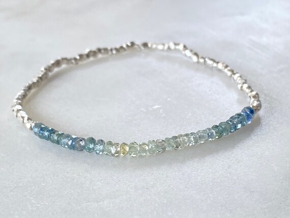 Montana Sapphires Bracelet, September Birthday Gift For Her, Ultra Dainty Teal Blue Elastic Jewelry