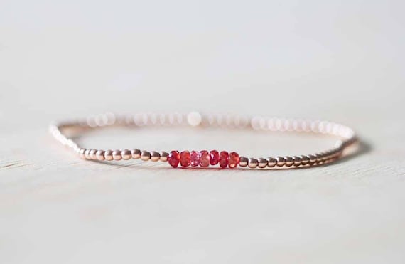Padparadscha Stretch Bracelet With Rose Gold Fill Or Sterling Silver, Delicate Beaded Red Sapphire Elastic Jewelry