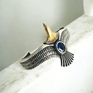Sterling Silver Eagle Cuff Bangle, Blue Sapphire Gemstone, Feather Design Sterling Silver Eagle Cuff Bangle, Blue Sapphire Gemstone, Feather Design