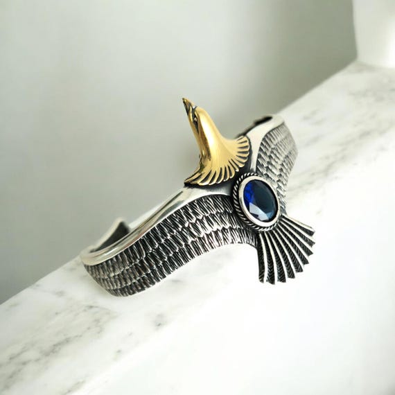 Sterling Silver Eagle Cuff Bangle, Blue Sapphire Gemstone, Feather Design