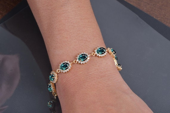 Teal Sapphire Bracelet, 925 Sterling Silver, Oval Cut Gemstone Teal Sapphire Bracelet, 925 Sterling Silver, Oval Cut Gemstone