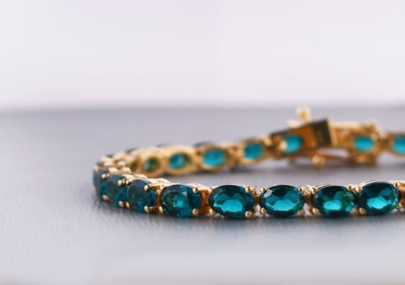 Teal Sapphire Tennis Bracelet, Sterling Silver, Anniversary Gift Teal Sapphire Tennis Bracelet, Sterling Silver, Anniversary Gift