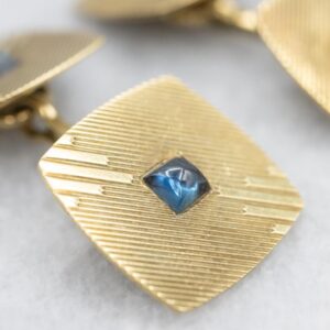 14K Yellow Gold Cufflinks, Sapphire Cabochon, Mid Century