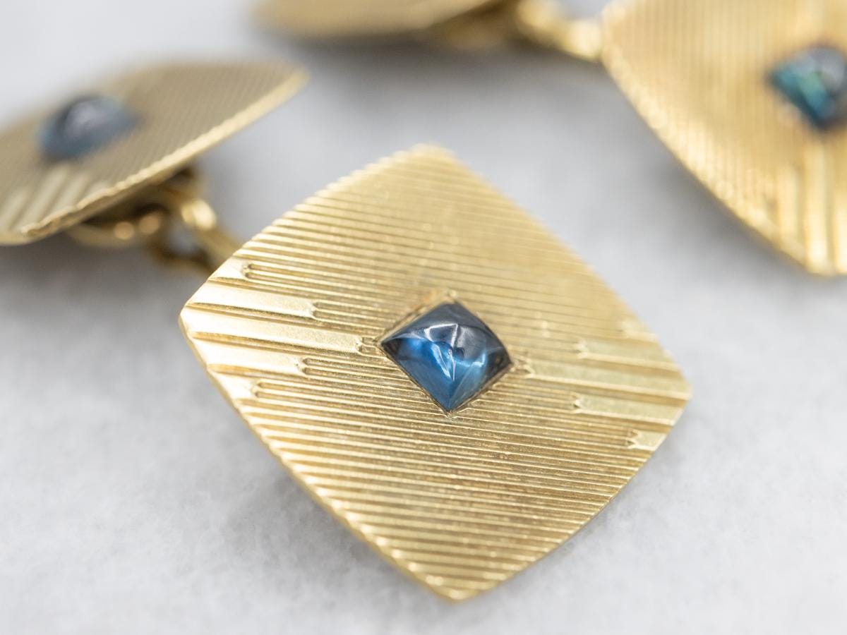 14k Yellow Gold Cufflinks, Sapphire Cabochon, Mid Century