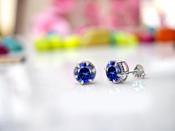14k Gold Blue Sapphire Earrings Vintage Round Stud Earrings For Women Handmade Sapphire Gemstone Studs Unique Dainty Stud Earrings For Gift