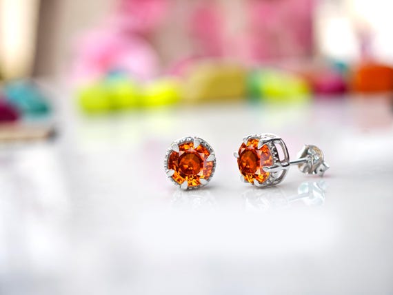 14k Gold Orange Sapphire Earrings For Women Minimalist Sapphire Earrings Handmade Round Shape Studs For Her Unique Sapphire Gemstone Earring