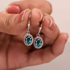 14K Gold Teal Sapphire Leverback Earrings: Oval Cut Dangle earring in silver, Bridal Jewelry