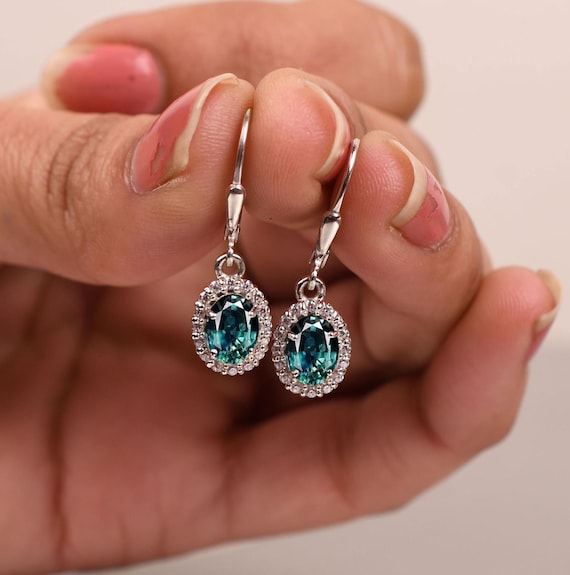 14k Gold Teal Sapphire Leverback Earrings: Oval Cut Dangle Earring In Silver, Bridal Jewelry 14k Gold Teal Sapphire Leverback Earrings: Oval Cut Dangle Earring In Silver, Bridal Jewelry