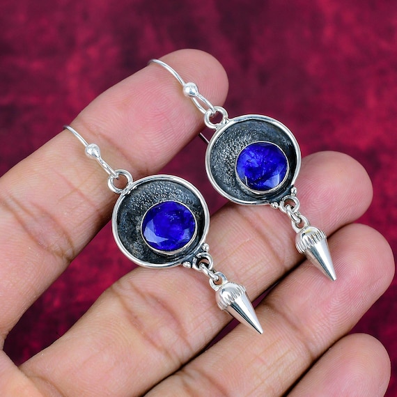 Blue Sapphire Gemstone Dangle Earring, 925 Sterling Silver Handmade Sapphire Earrings, Statement Boho Earrings, Wedding Gift For Her