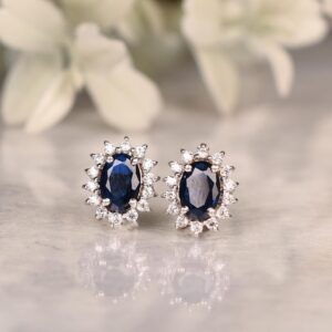 Blue Sapphire Stud Earrings: 925 Sterling Silver, Cz Diamond Halo