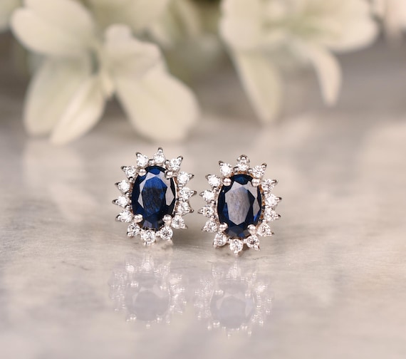 Genuine Natural Blue Sapphire Stud Earrings: 925 Sterling Silver, Cz Diamond Halo