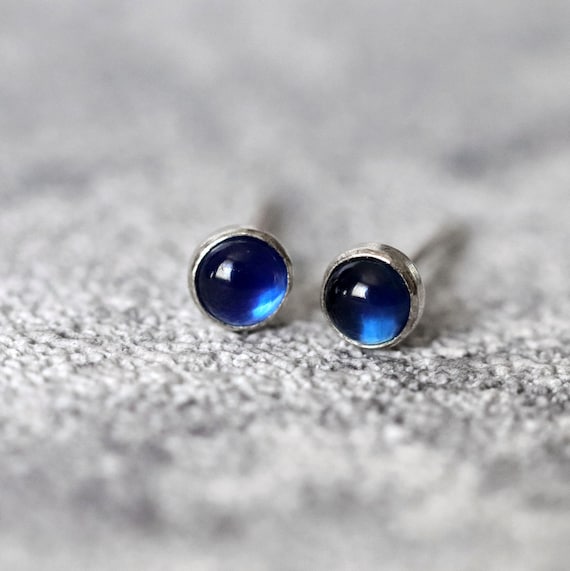 Blue Sapphire Stud Earrings, September Birthstone Gift, Tiny Recycled Sterling Silver Earrings For Everyday, Dainty Jewellery For Men, Woman