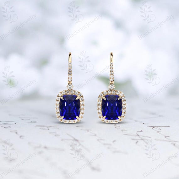 Cushion Cut Blue Sapphire Earrings For Women 925 Sterling Silver Wedding Dangle Drops Statement Sapphire Earrings Unique Halo Style Earrings