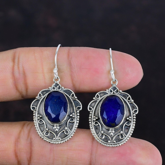 Faceted Blue Sapphire Earrings: Handmade 925 Sterling Silver Jewelry