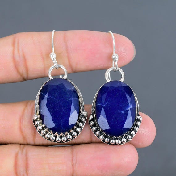 Handmade Faceted Blue Sapphire Earrings: Sterling Silver Gemstone Jewelry