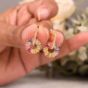 Multi Sapphire Earring: 14k Yellow gold Plated Earring, Bridal Dangle earing Gifts for her, Baguette Earring