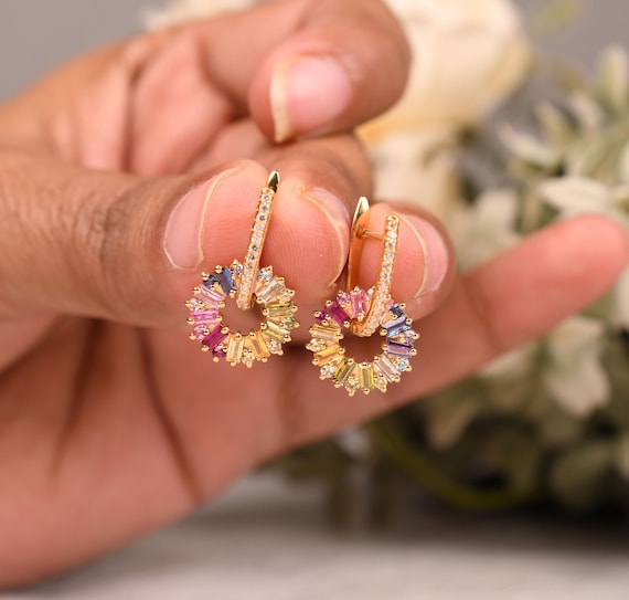 Multi Sapphire Earring: 14k Yellow Gold Plated Earring, Bridal Dangle Earing Gifts For Her, Baguette Earring
