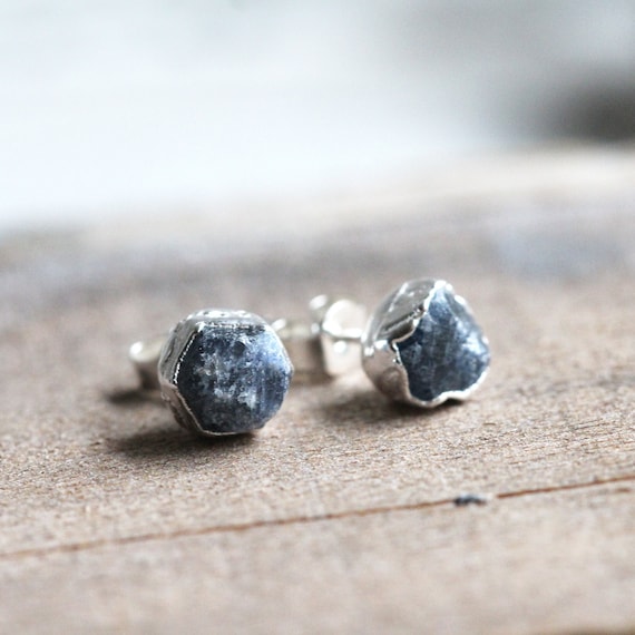 Raw Sapphire Sterling Silver Stud Earrings - Natural Blue Gemstone Jewelry