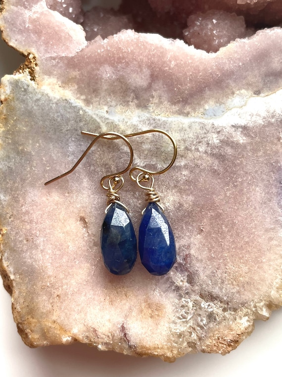 Raw Sapphire Teardrop Earrings: September Birthstone, 14k Gold Filled