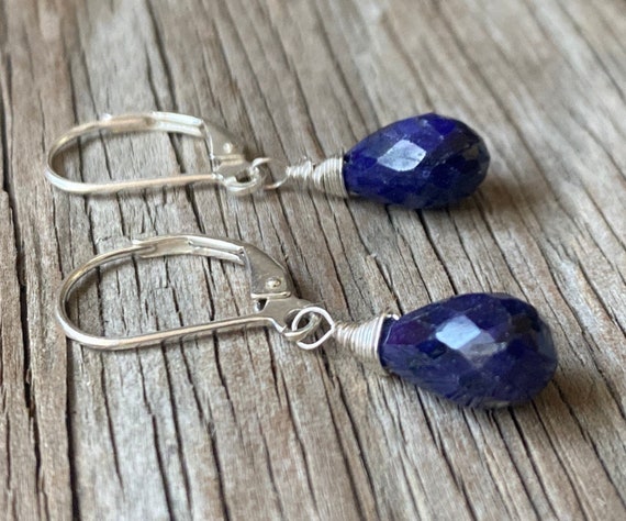 Sapphire Earrings: Sterling Silver Dangles, September Birthstone Sapphire Earrings: Sterling Silver Dangles, September Birthstone