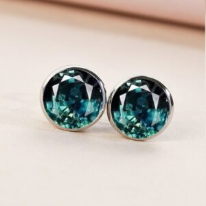 Teal Sapphire Stud Earrings: Bezel Set, Sterling Silver (6.0MM)