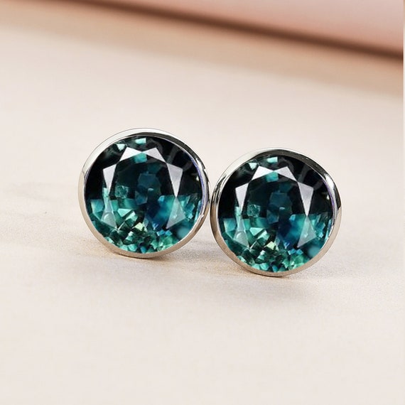 Teal Sapphire Stud Earrings: Bezel Set, Sterling Silver (6.0mm)