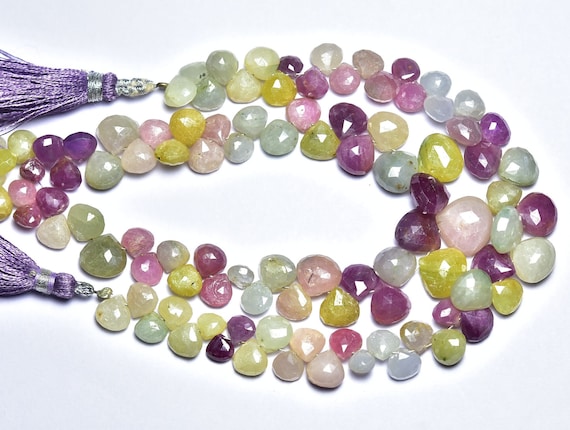 Multi Sapphire Heart Beads - 7.5 Inches - Natural Beautiful Faceted Sapphire Heart Briolettes Strand - Size Is 6.5-9.5 Mm #658