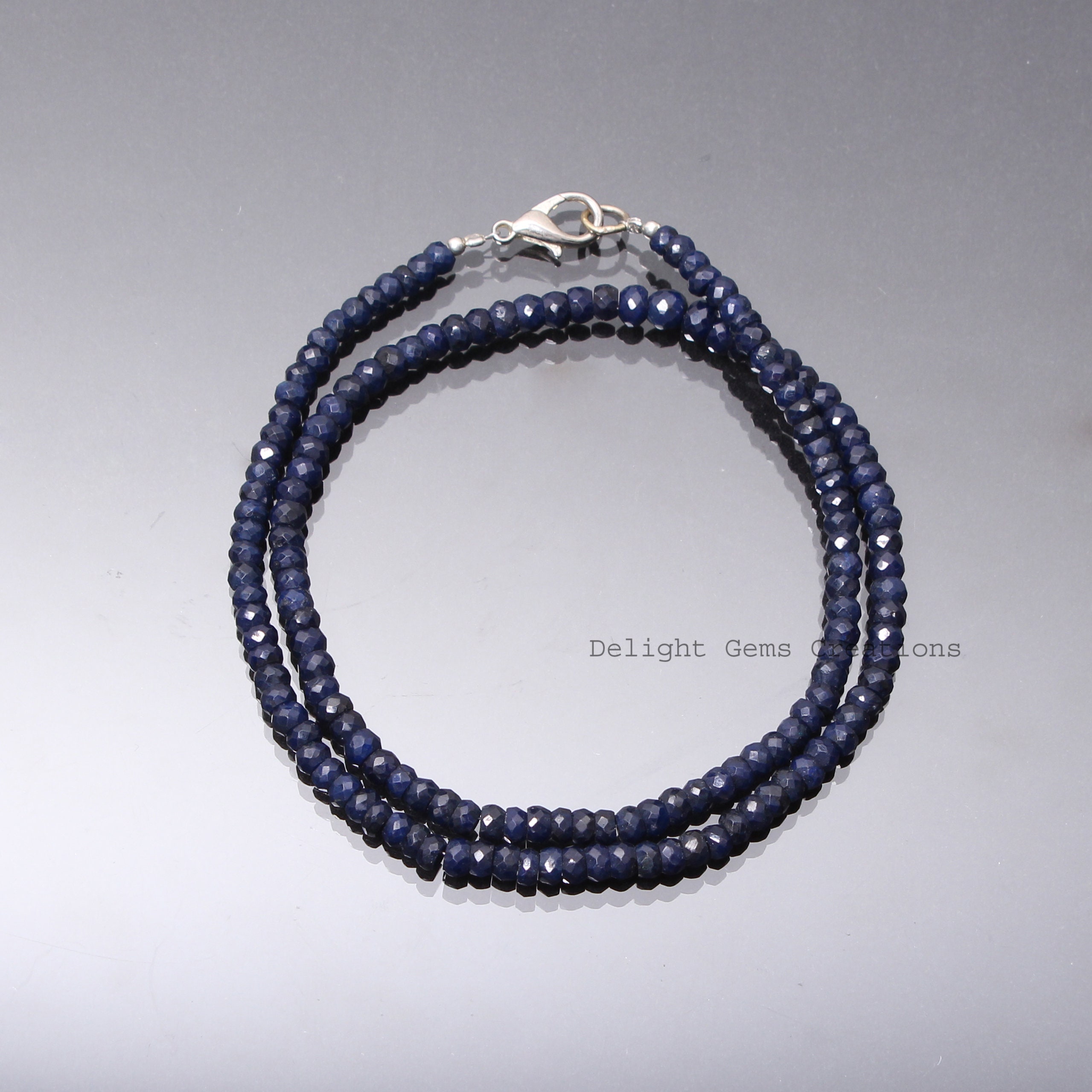 Blue Sapphire Beaded Necklace, Faceted Rondell Gemstone (4-5mm)