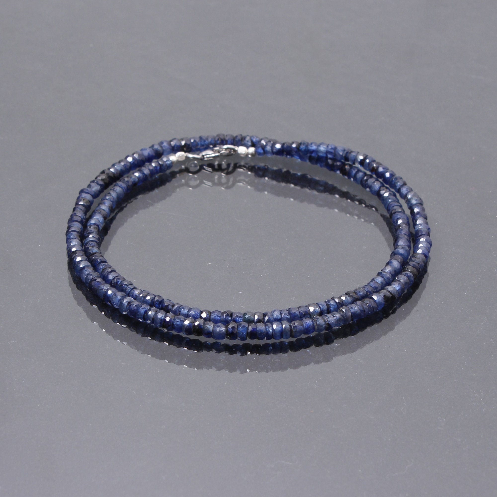 Blue Sapphire Beaded Necklace, Faceted Rondelle, 18 Inch
