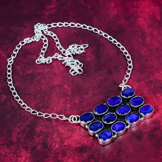 Blue Sapphire Gemstone Necklace 925 Sterling Silver Necklace Blue Sapphire Adjustable Chain Necklace Bridal Necklace Bohemian Jewelry Gifts