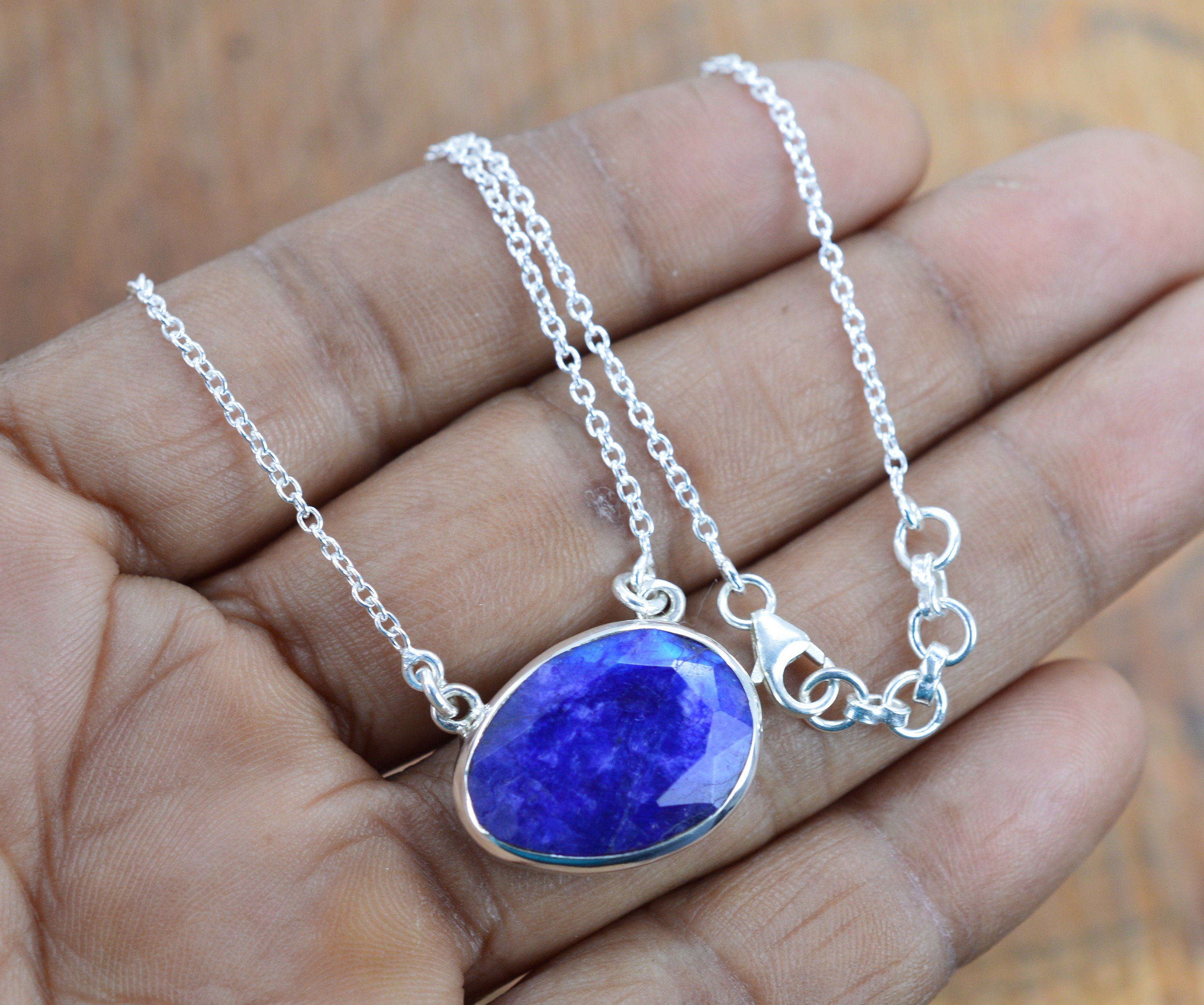Blue Sapphire Sterling Silver Necklace, Handmade Gemstone Jewelry