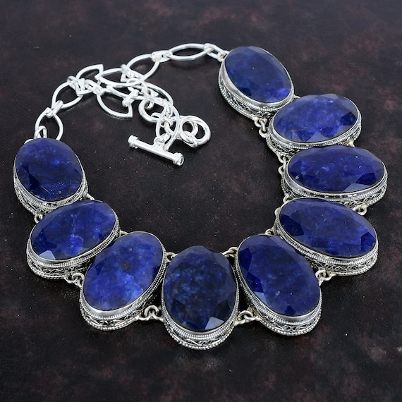Faceted Blue Sapphire Necklace: Handmade 925 Sterling Silver, Adjustable