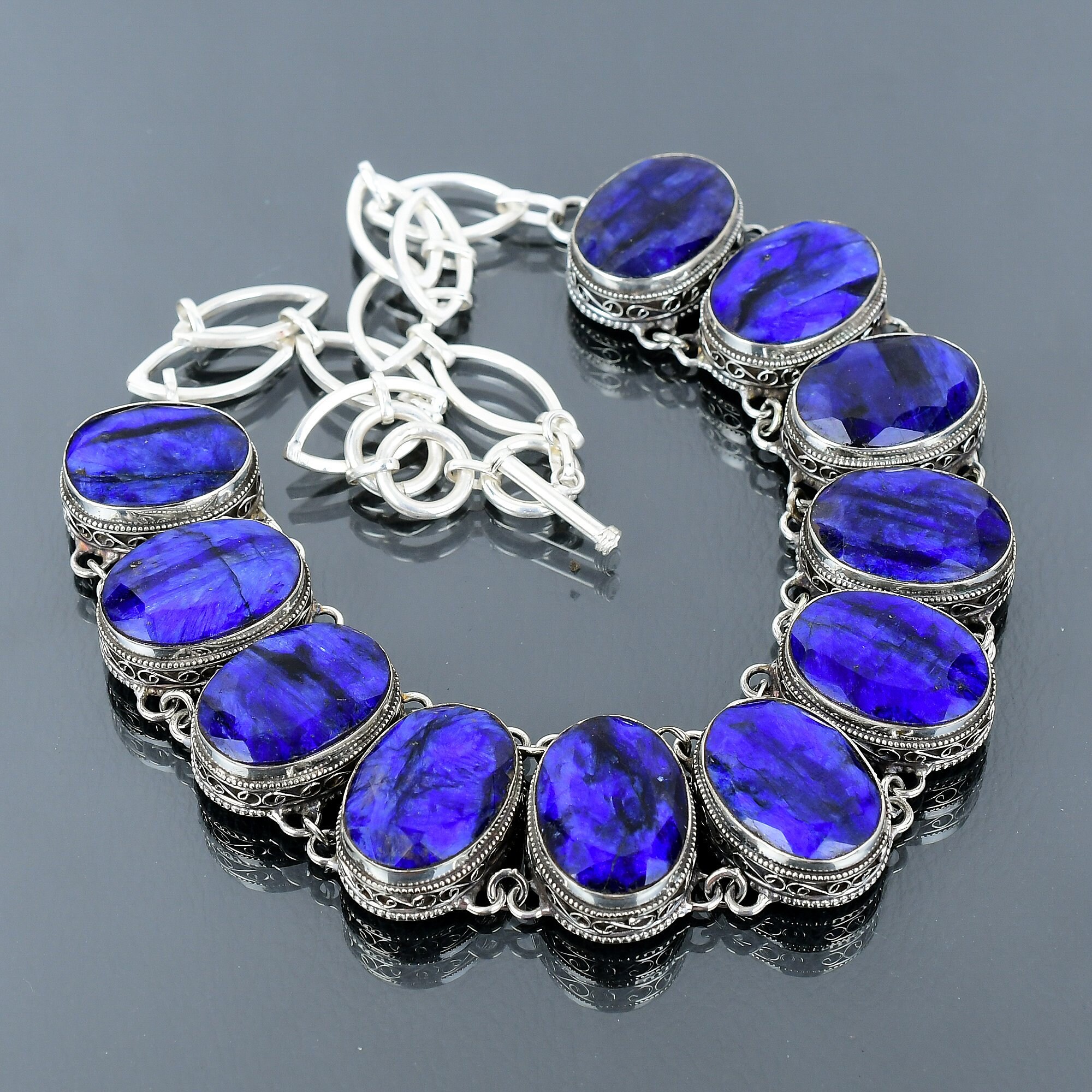 Handmade Faceted Blue Sapphire Necklace: Vintage Sterling Silver Jewelry