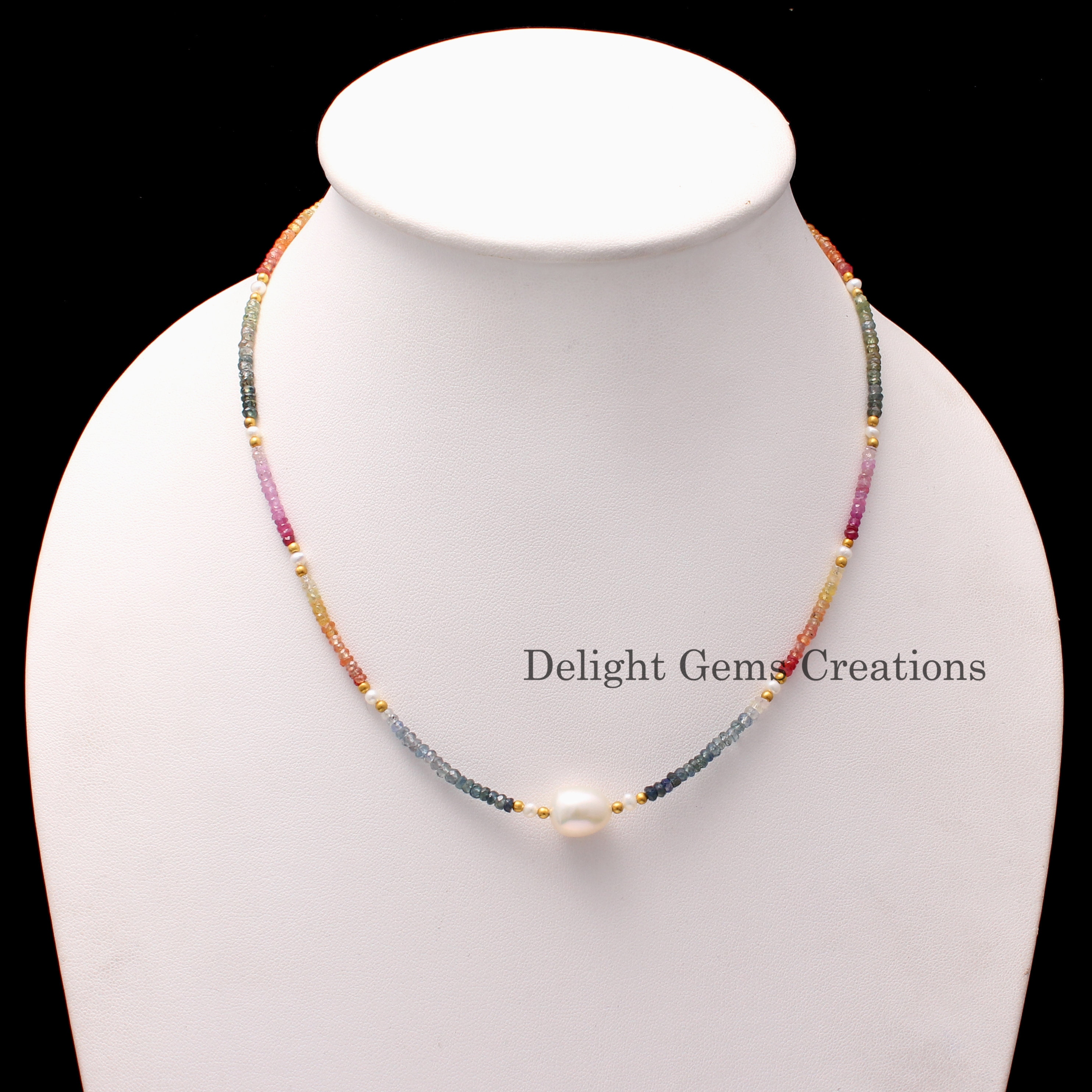 Multi Sapphire Beaded Necklace, Faceted Rondelle, September Birthstone