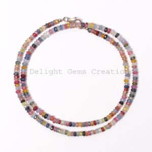 Multi Sapphire Beaded Necklace, Faceted Rondelle, 925 Silver, 18 Inch Multi Sapphire Beaded Necklace, Faceted Rondelle, 925 Silver, 18 Inch