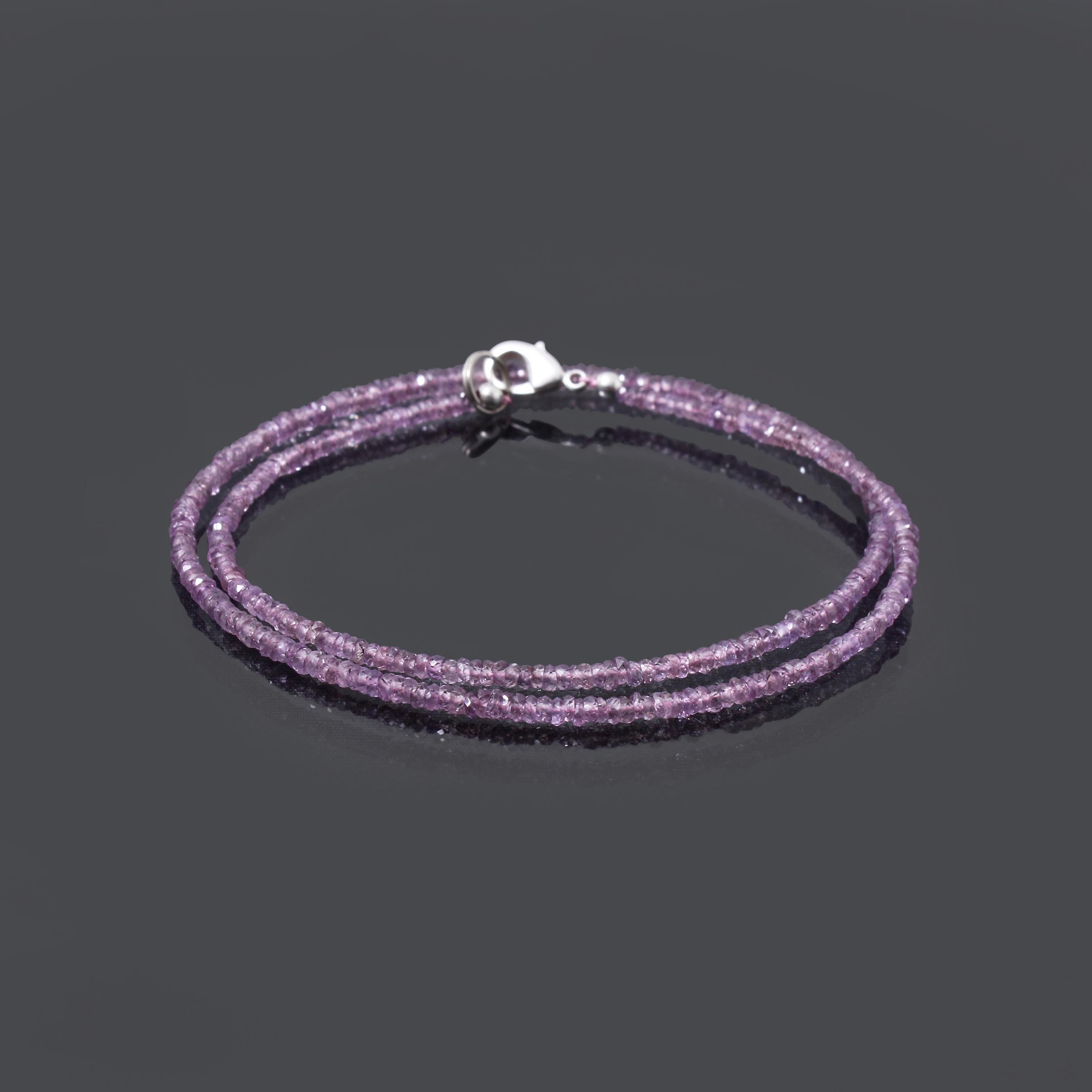 Purple Sapphire Beaded Necklace, 2.5mm-3mm Tiny Faceted Rondelle Beads, Dainty Lavender Gemstone Choker, 925 Sterling Silver